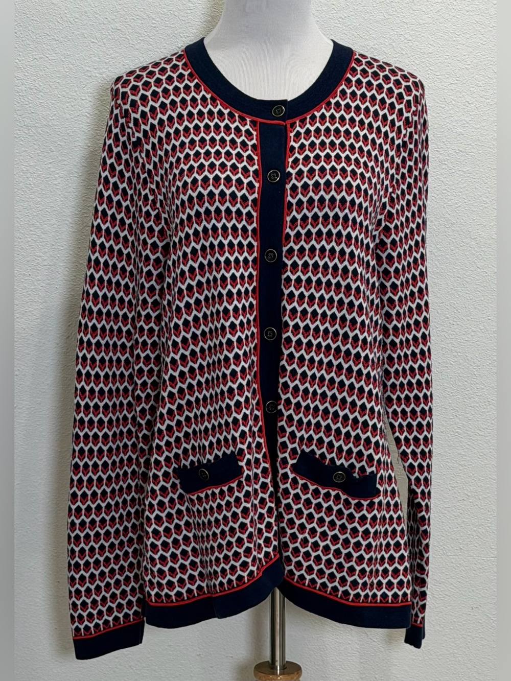 Foxcroft Cardigan Geometric Print Sweater Women’s Plus Size 1X Red Navy Preppy
